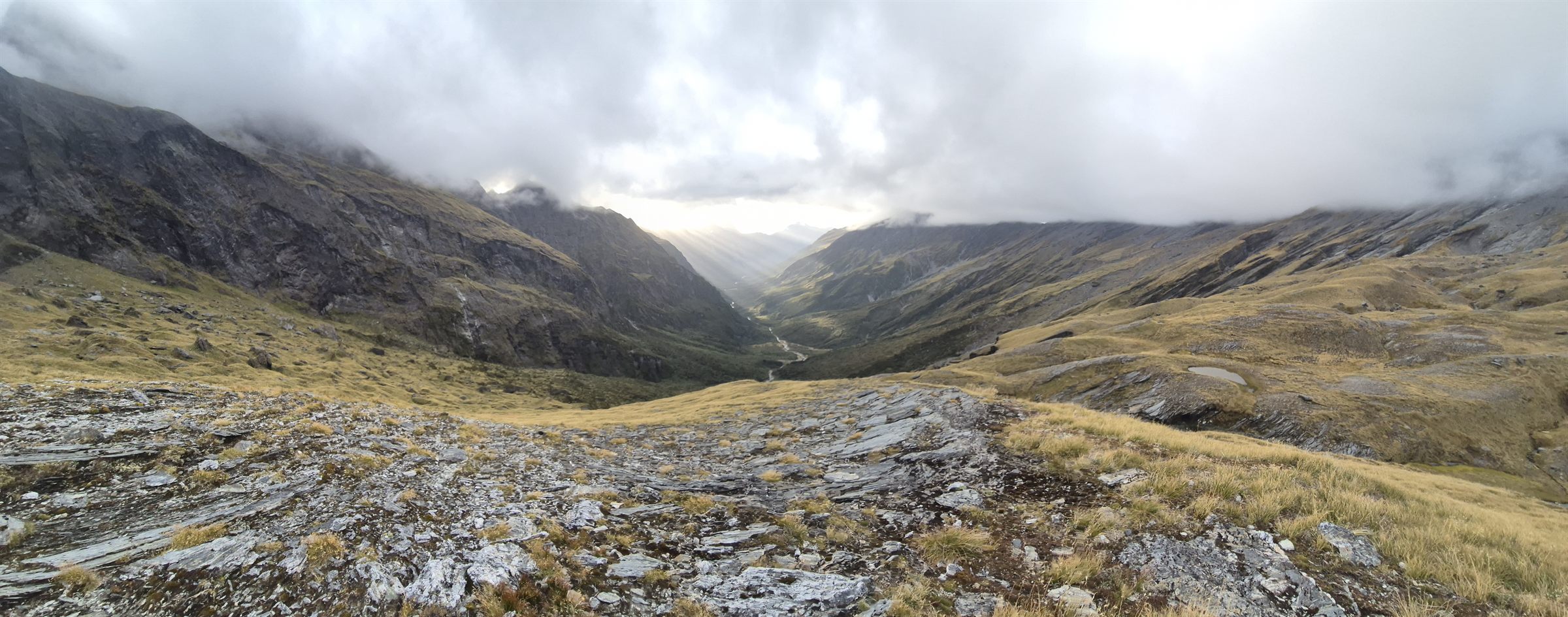 Alpine valley in the New Zealand Southern Alps — tussock, scree, and cloud